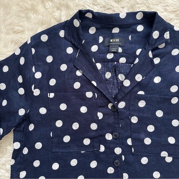 Anthropologie Maeve Top Women’s Buttondown Surf 100% Linen Navy Dot Shirt Sz XS - Picture 5 of 12